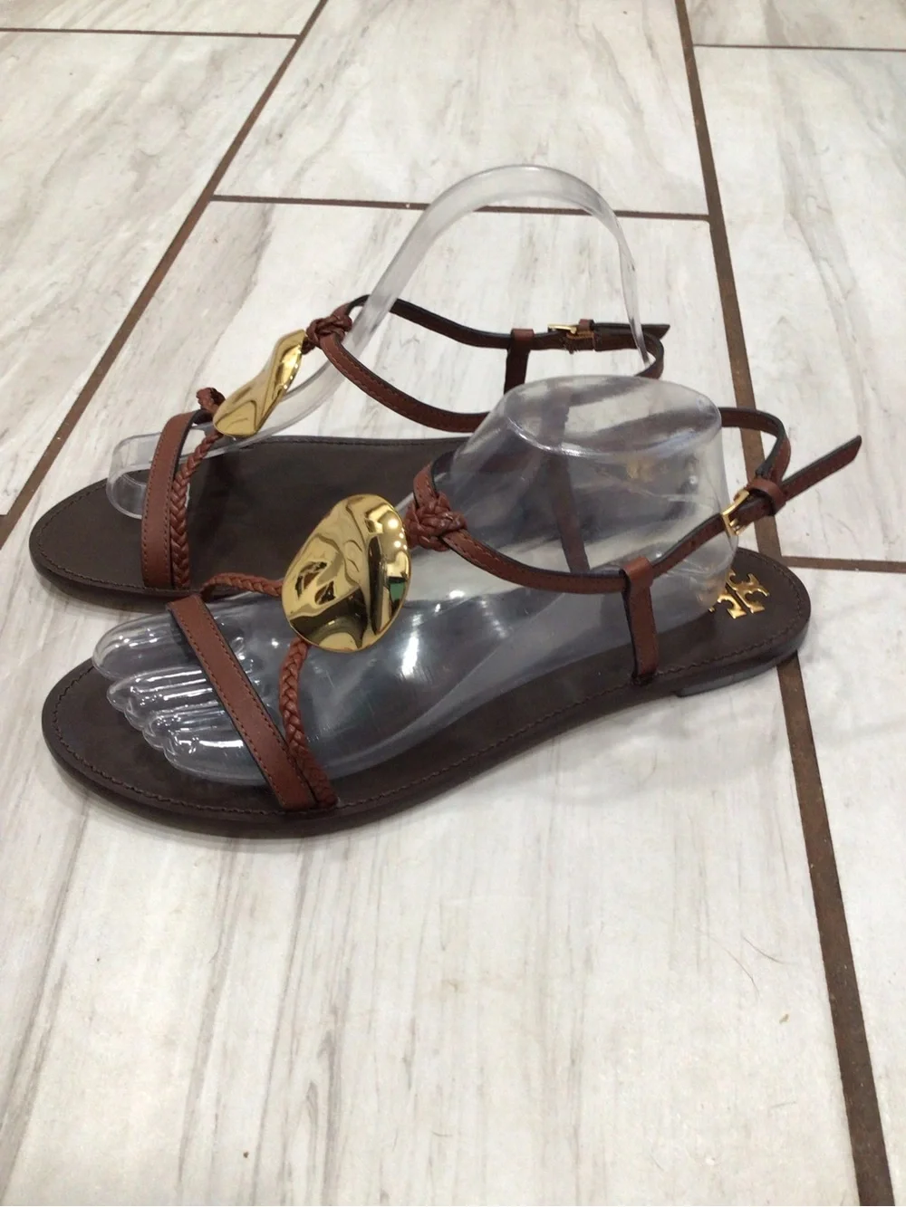 Tory Burch Patos Brown Gold Medallion Leather Flat Sandals Size 10M NIB 80287